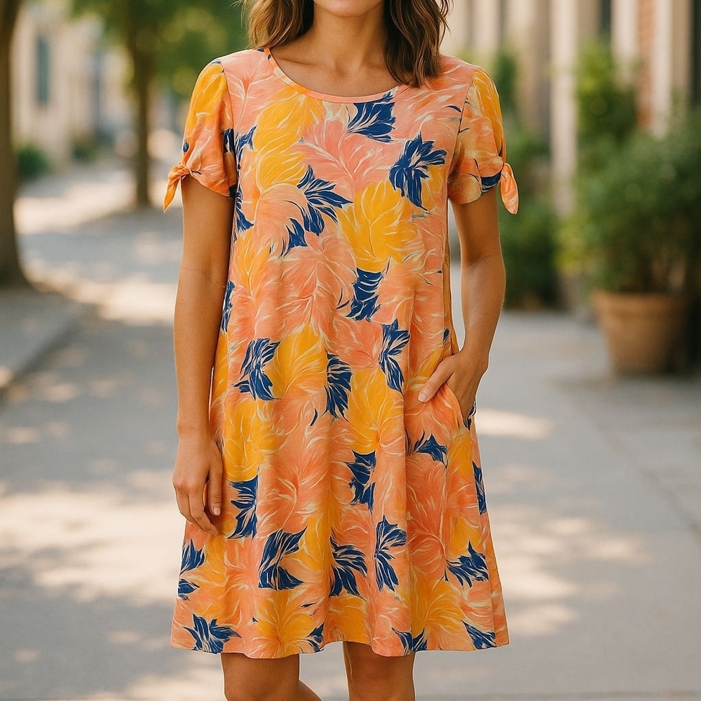 Caribbean Joe - Tropical Floral Pattern, Short Sleeve W/ Tie Accent, Size Medium